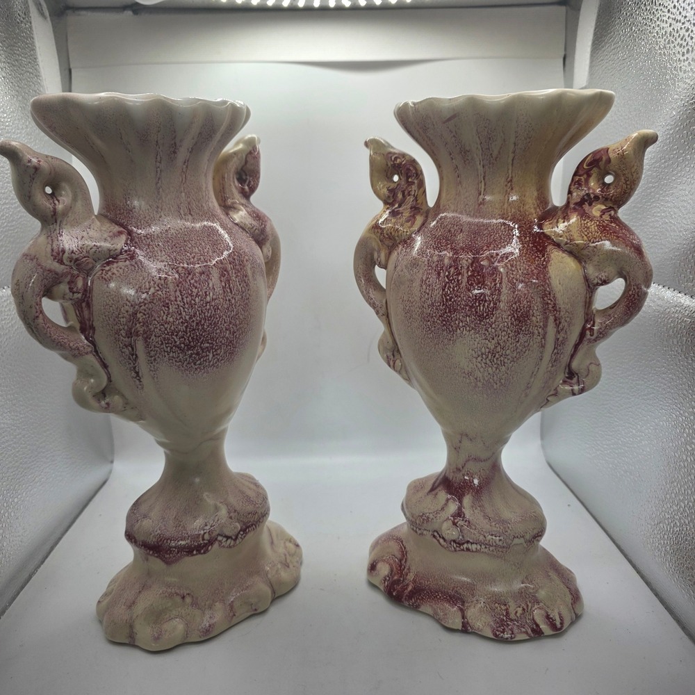 Pair RumRill J26 USA Art Pottery Bird Handle Vases Urns Burgundy Cream
